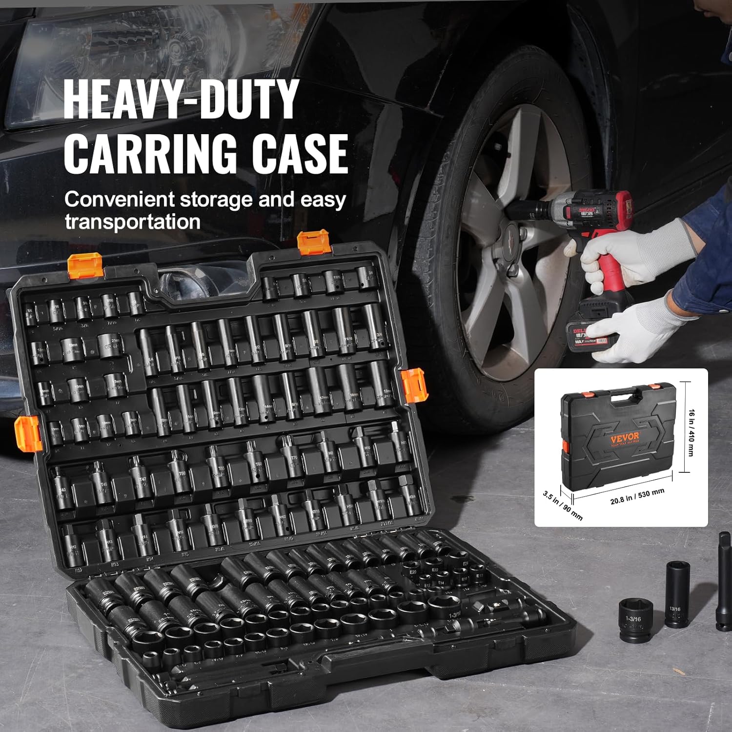 VEVOR XL3069 Impact Socket Set 130 Piece 3/8″ & 1/2″ – SAE & Metric Drive Socket Set – 6 Point Cr-Mo Alloy Steel - Image 6