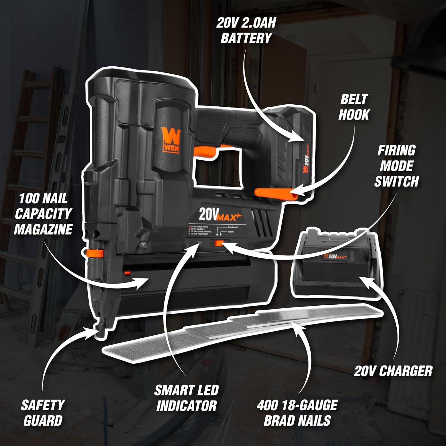 WEN 20512 20V Max Cordless 18-Gauge Brad Nailer with 2.0Ah Battery and Charger - Image 7