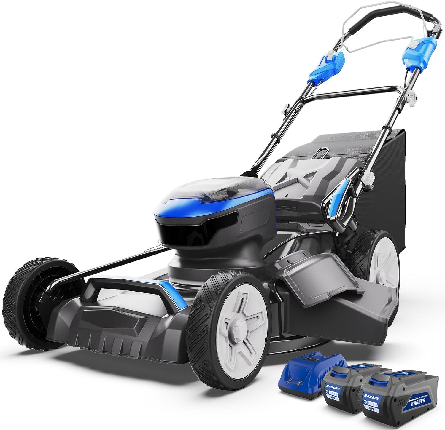 WILD BADGER POWER WB40VSP21LM Lawn Mower Self Propelled 40V Brushless 21″ Cordless, 7 Cutting Height Adjustments Electric Lawn Mower, Quickly Folding, 2 * 4.0Ah Battery and1*2Ah Super Charger Included