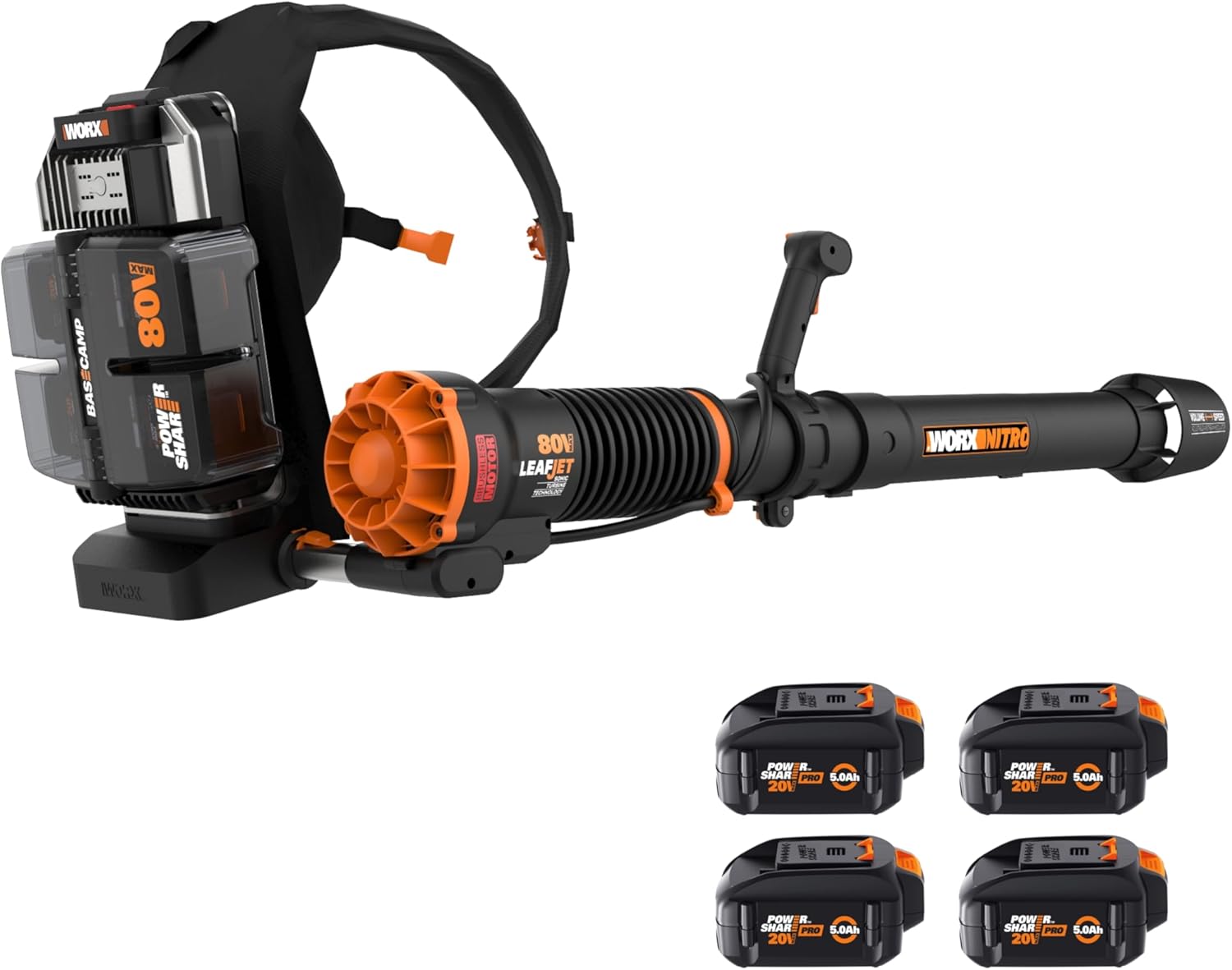 WORX WG572 Nitro 80V Cordless Leaf Blower, Backpack Blower with 800CFM & 150MPH, Electric Blower