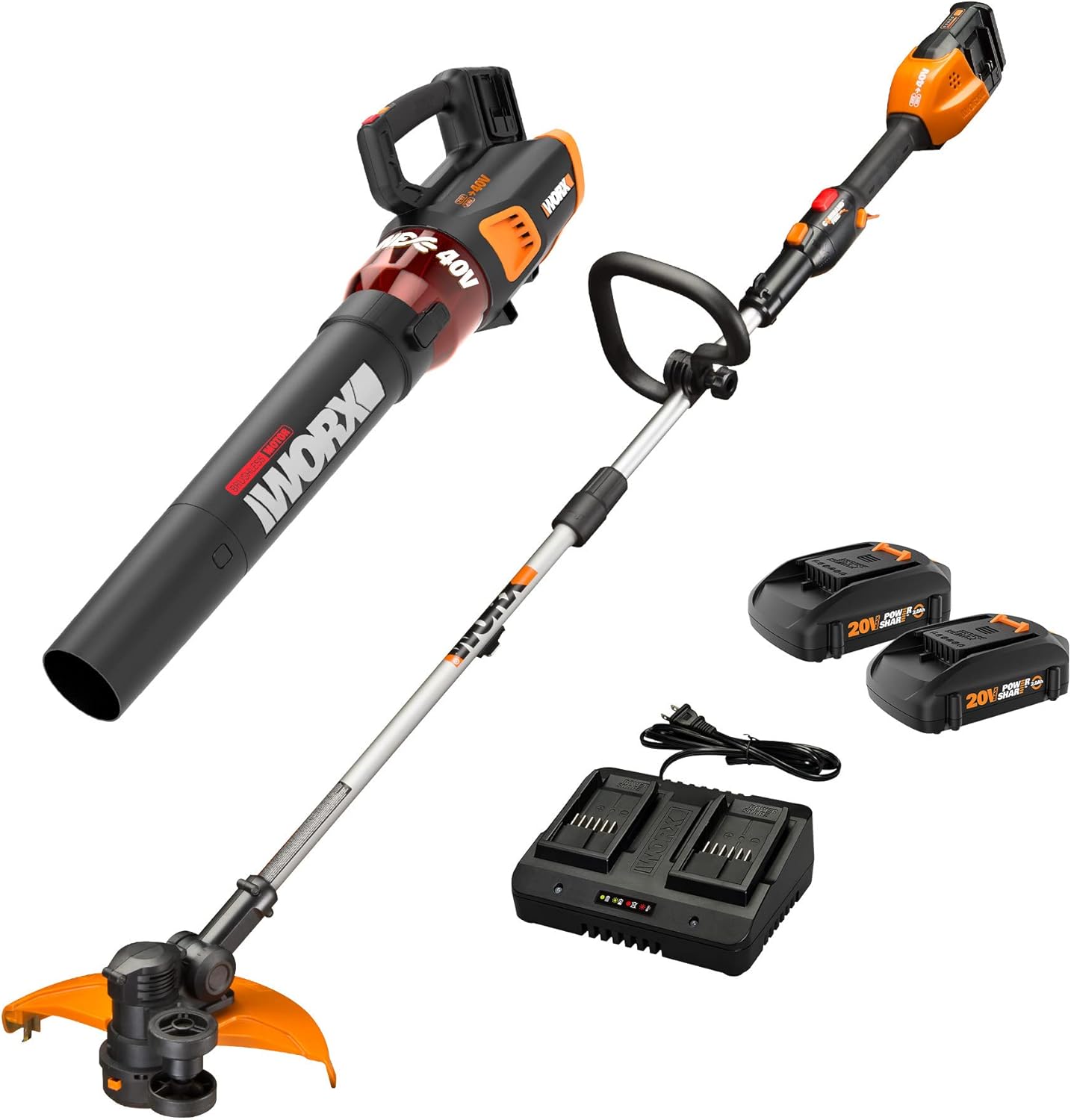WORX WG927 40V 13″ Cordless String Trimmer/Edger + Leaf Blower Combo Kit, Batteries & Charger Included