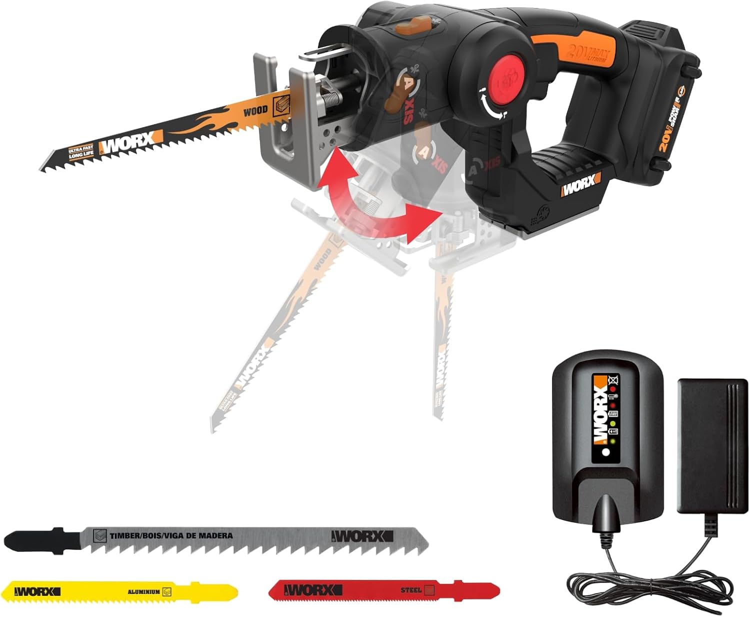WORX WX550L Cordless Reciprocating Saw&Jigsaw, 20V ¾” 2-in-1 Saw, ¾” Stroke Length, 2-in-1 functions