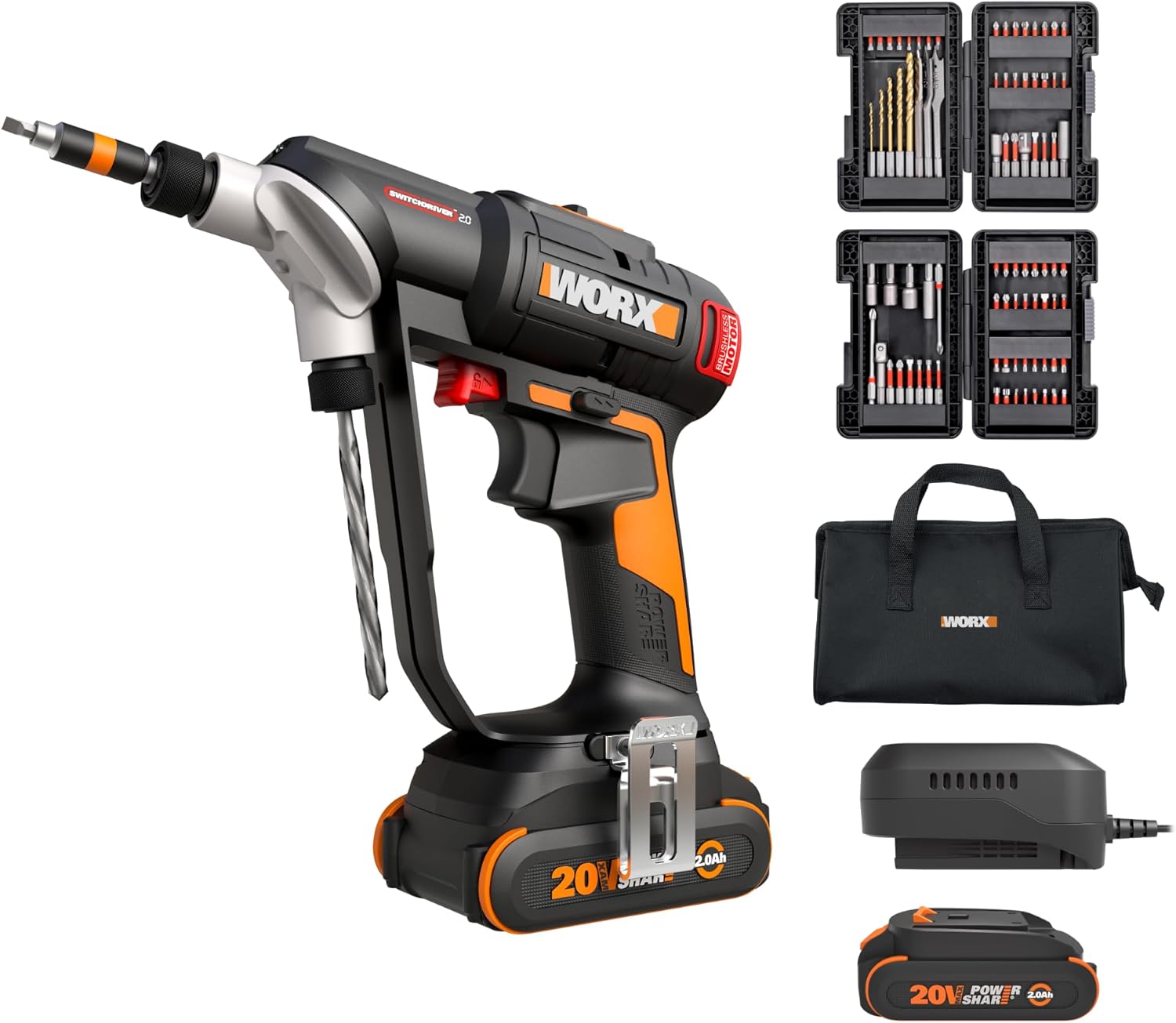 WORX ‎WX177L.2 Cordless Drill Driver, 20V 445 in·lb Brushless Power Drill Driver, Powerful Drilling and Driving