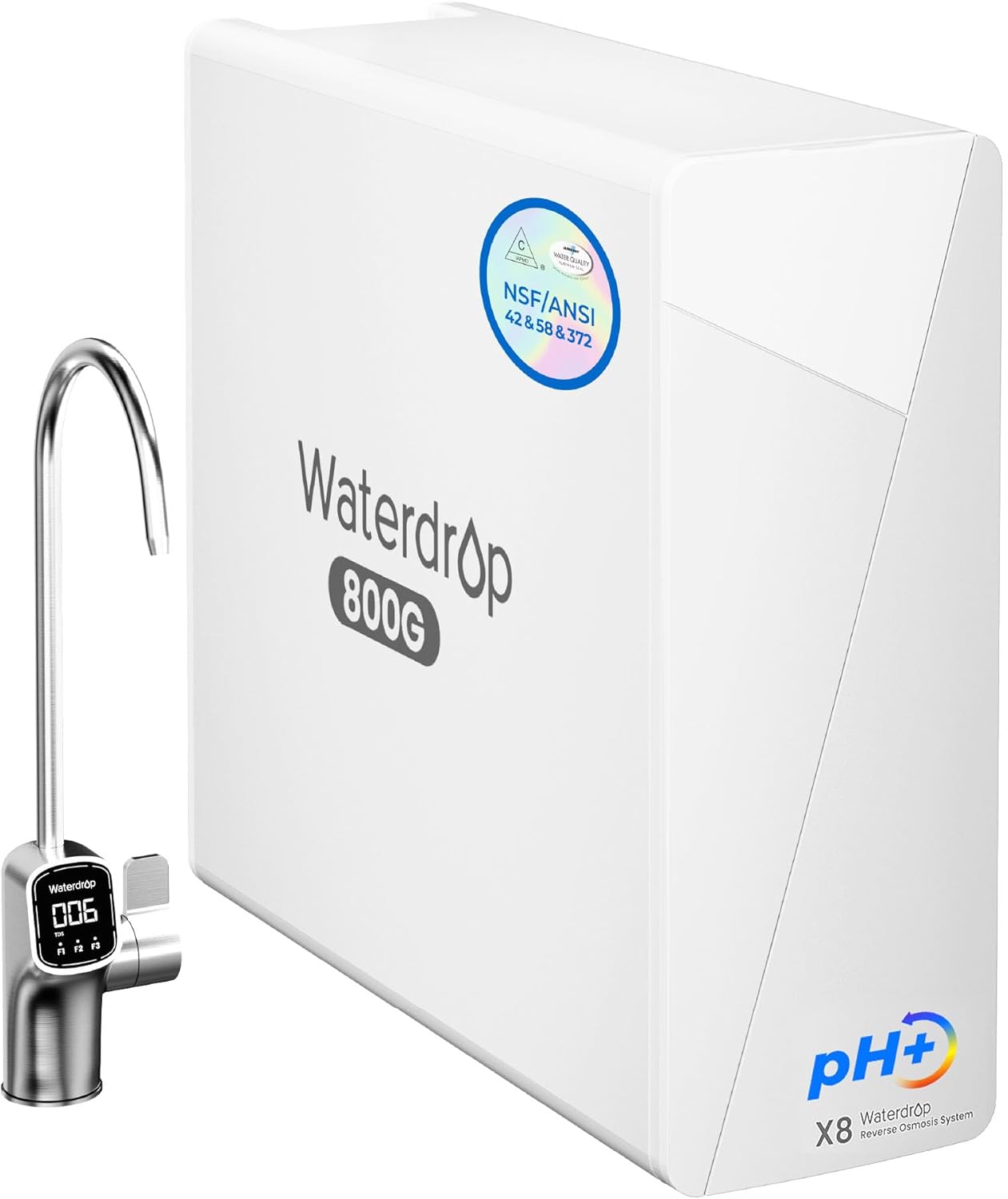 Waterdrop X8-Alkaline Mineral pH+ Tankless Reverse Osmosis System, NSF/ANSI 42&58&372 Certified, 800 GPD RO Water Filter