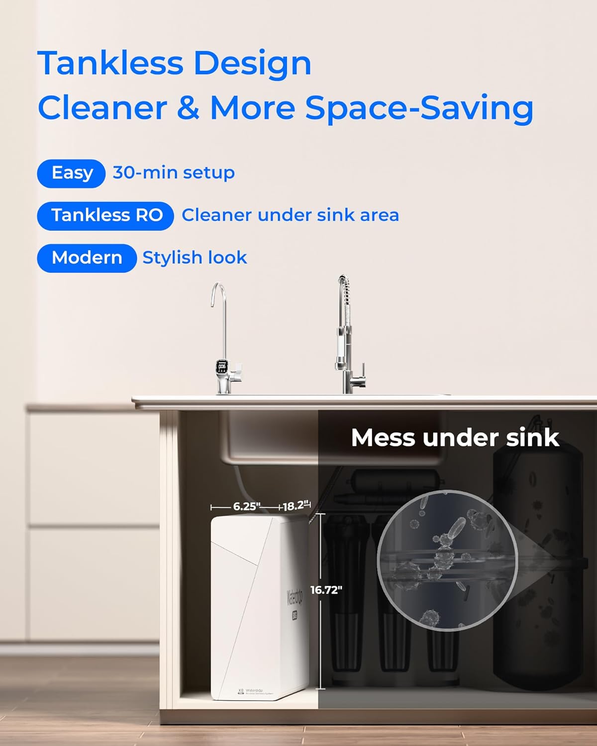 Waterdrop X8-PRO Reverse Osmosis Water Filter, NSF/ANSI 42&58&372 Certified, 800 GPD Tankless Reverse Osmosis System - Image 4