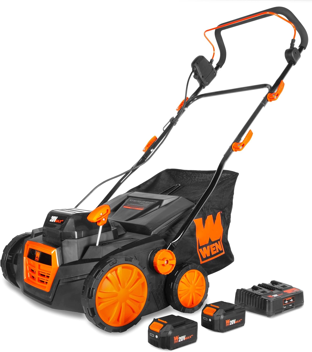 Wen 20716 20V Max Cordless 15-Inch 2-in-1 Brushless Electric Dethatcher and Scarifier with Collection Bag, Two 4.0 Ah Batteries, and Dual-Port Charger