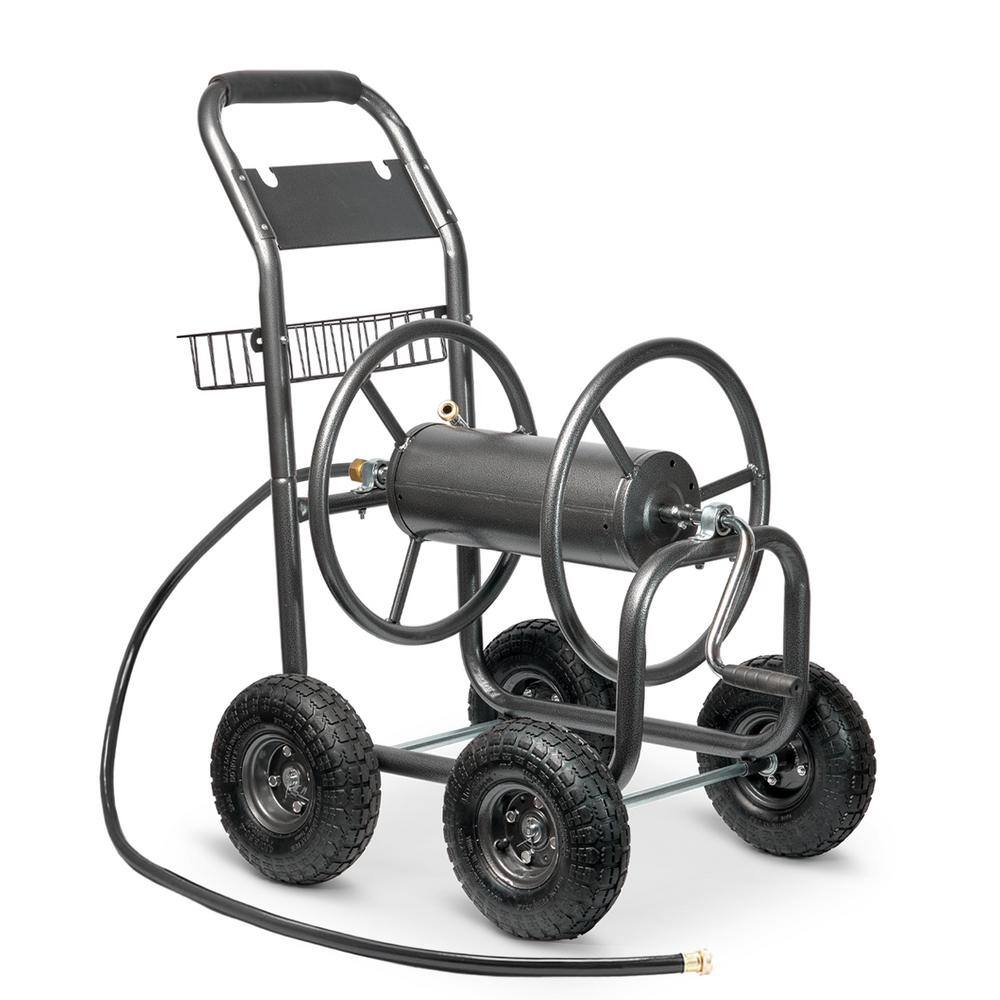 XtremepowerUS 96033-H 300 ft. Garden 4-Wheel Mobile Hose Reel Cart with 6 ft. Leading Hose, Crank Handle & Storage Basket