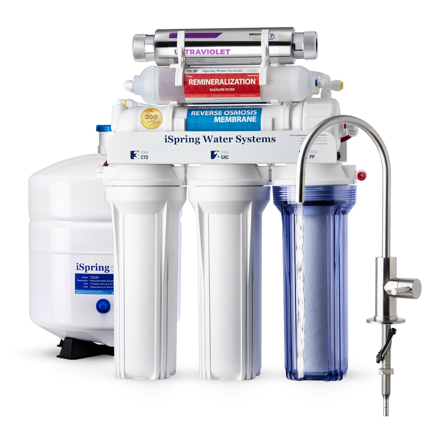iSpring RCC2AK-UV, Upgraded 200 GPD, UV pH+ Reverse Osmosis System, 7-Stage RO Water Filtration System