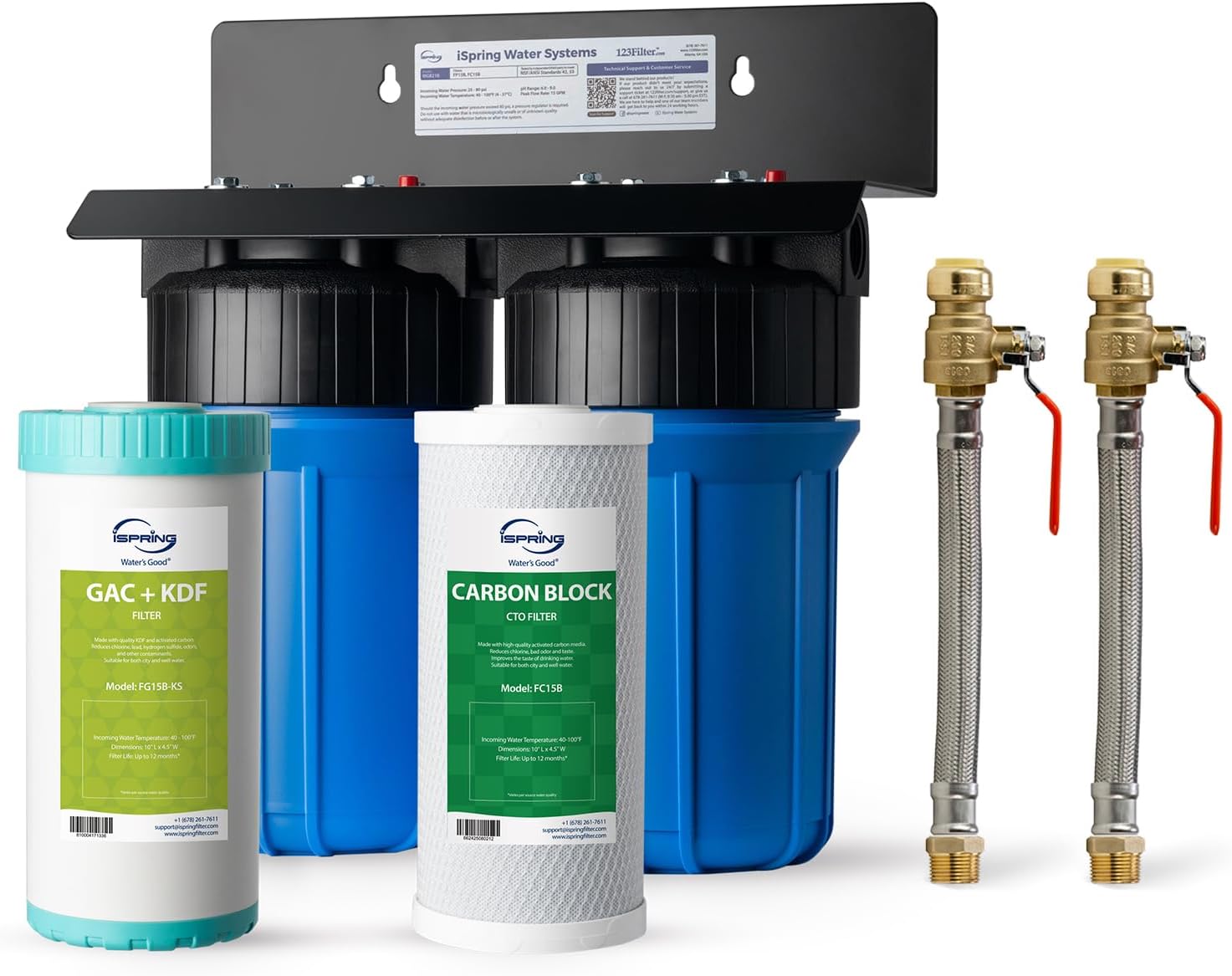 iSpring WGB21B-KS+AHPF12MNPT16X2 2-Stage Whole House Water Filtration System w/ 3/4” Push-Fit Braided Stainless Steel Hose Connectors