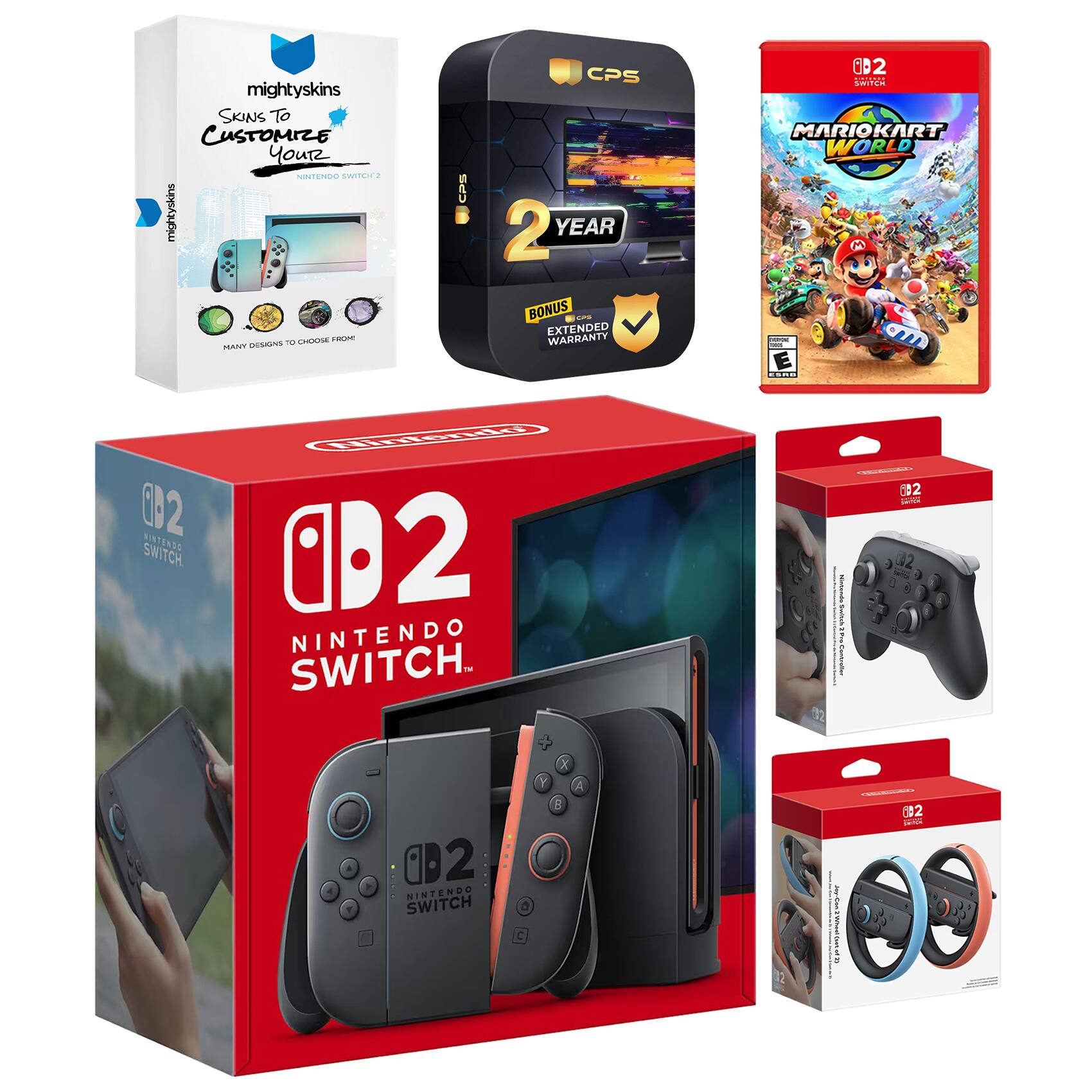 Switch 2 Console with Mario Kart World, Pro Controller, Joy Con Wheel, MightySkins Code and 2 CPS Year - Nintendo Switch 2