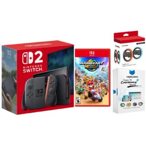 Switch 2 Console with Mario Kart World, Sentriq Joy Con Steering Wheel Set and MightySkins Custom Skin Bundle - Nintendo Switch 2