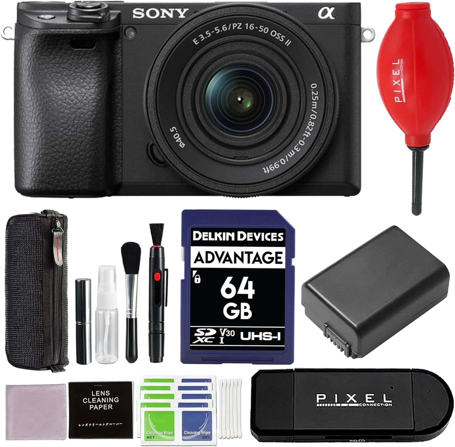 Sony - a6400 Mirrorless Camera with 16-50mm f/3.5-5.6 II Lens and 64GB SD Card + Card Reader + Blower + More - Black