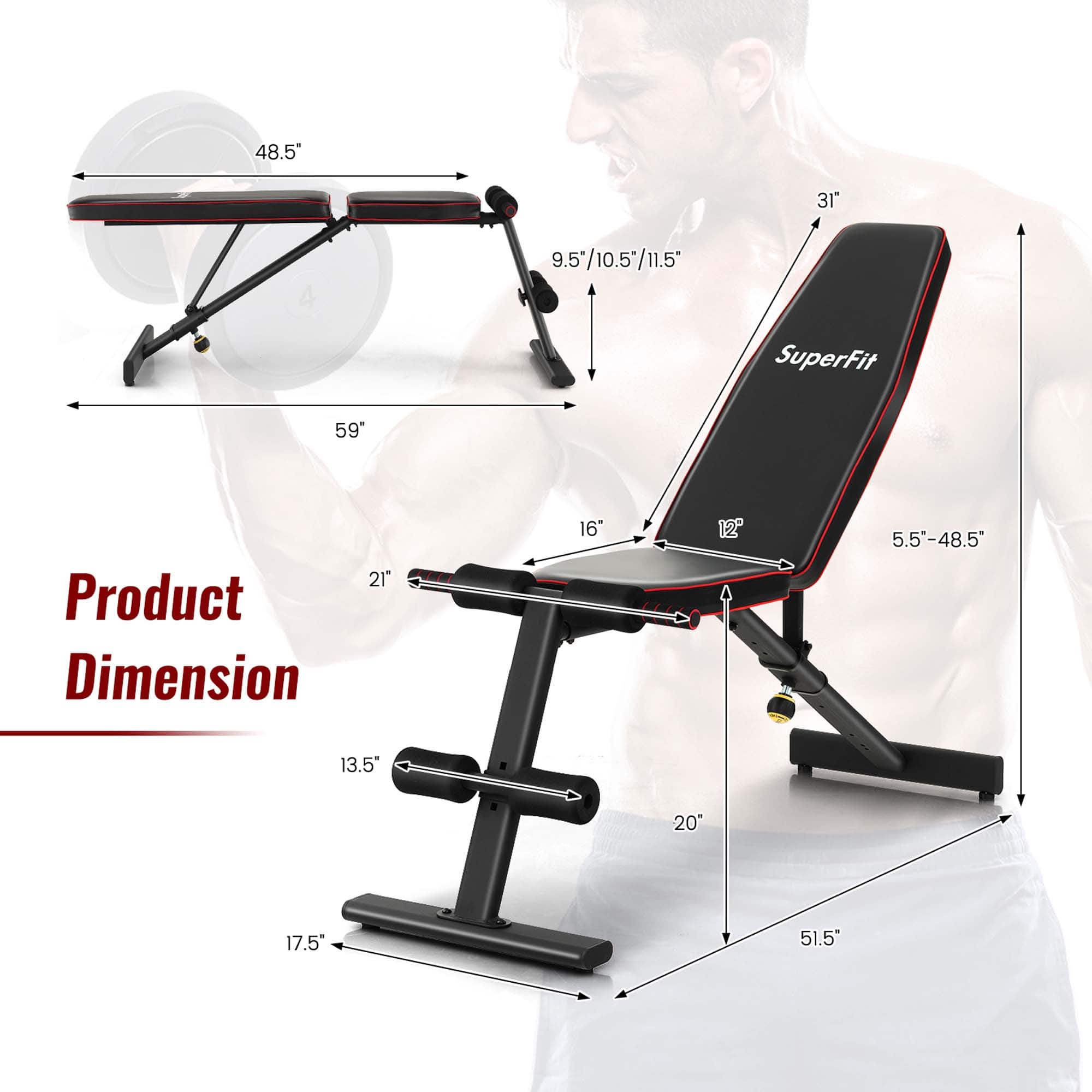 Costway - Adjustable Weight Bench for Full Body Strength Training Incline Decline Home Gym - Black - Image 4