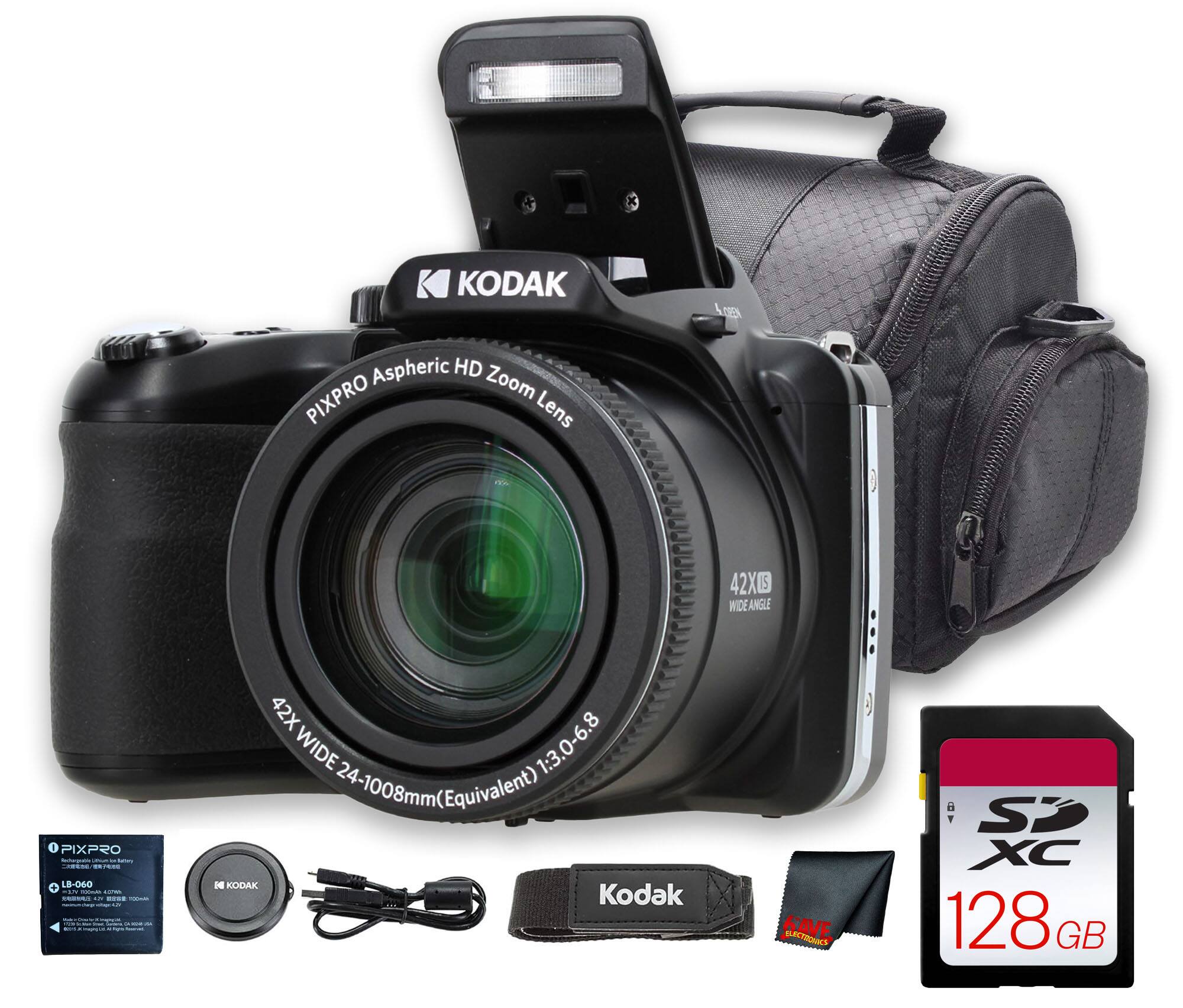 Kodak - PIXPRO AZ425 Digital Camera (Black) (AZ425BK) + 128GB Card + Bag + Cloth