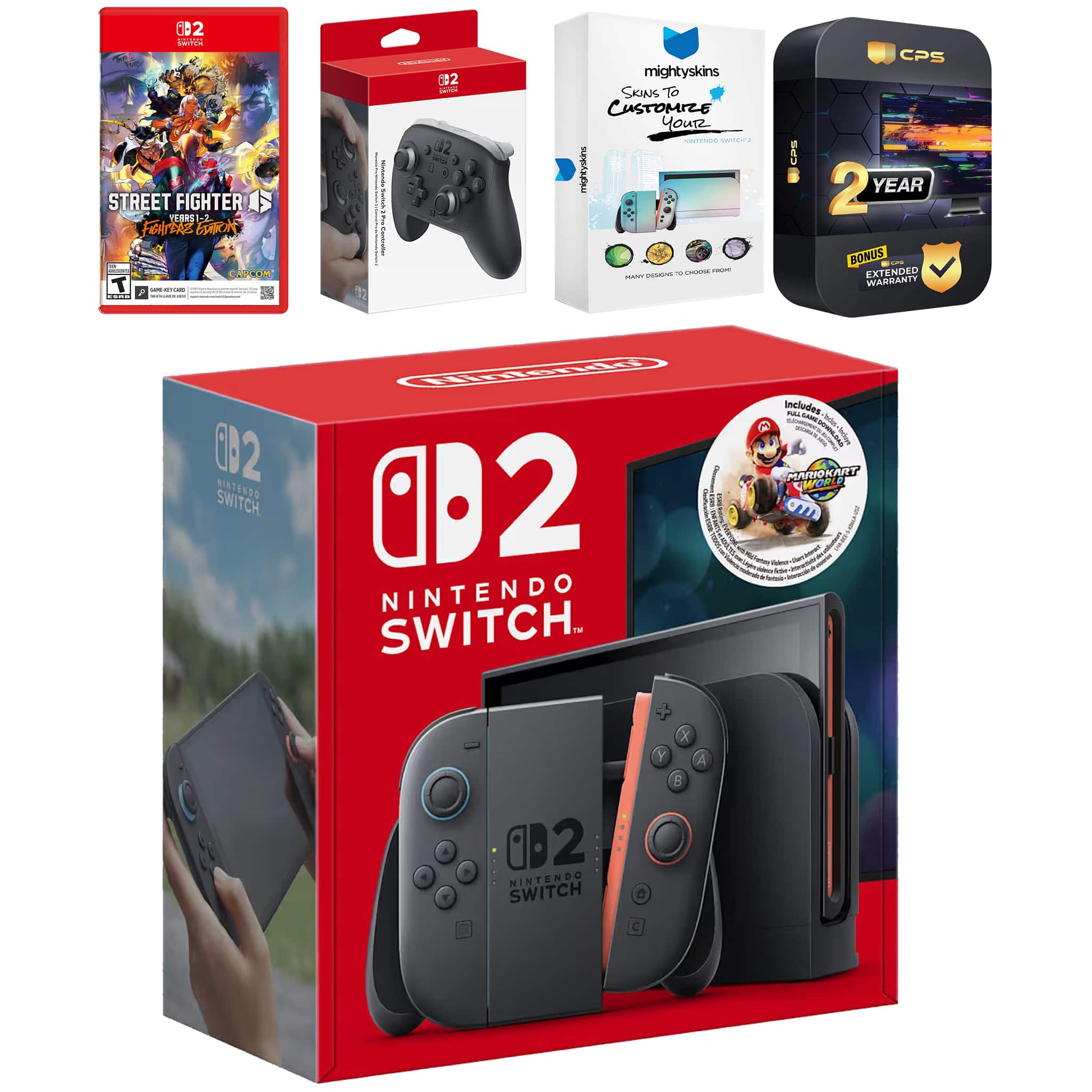 Switch 2 + Mario Kart World Bundle with Street Fighter 6, Pro Controller, MightySkins Code and 2 CPS Year - Nintendo Switch 2