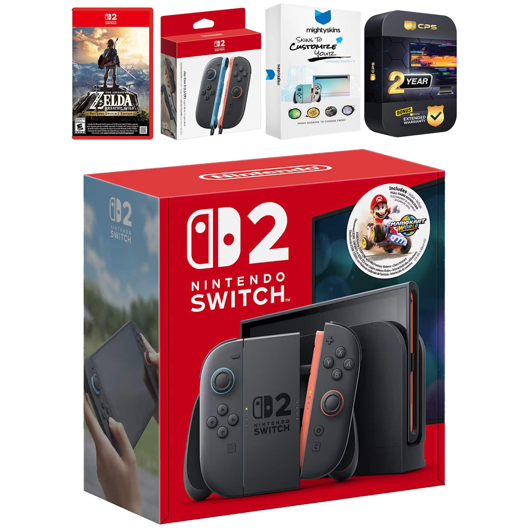 Switch 2 + Mario Kart World Bundle with Zelda Breath of the Wild, Extra Joy-Cons, MightySkins Code and 1 CPS - Nintendo Switch 2