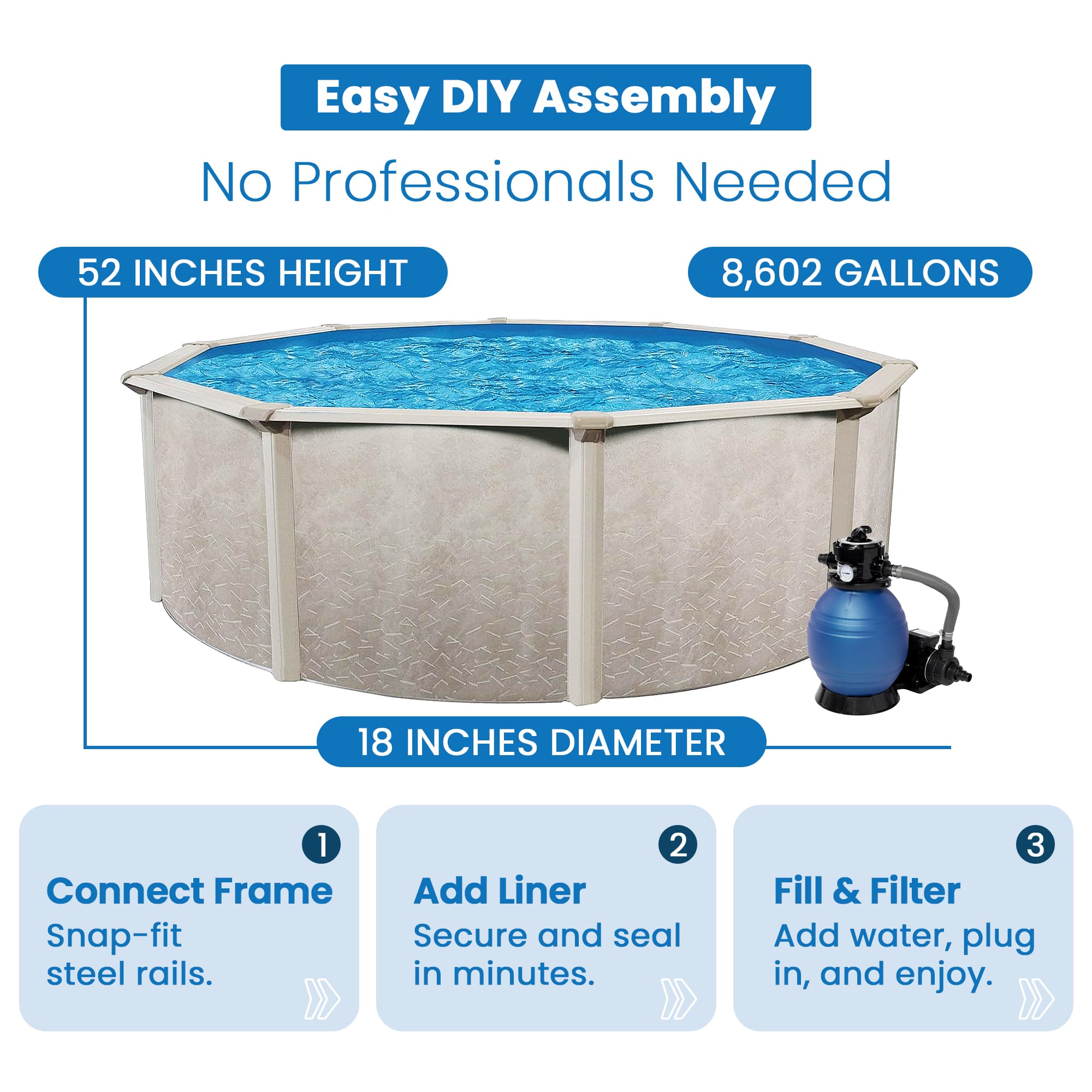 Aquarian - Phoenix 18ft x 52in Above Ground Pool w/ Filter, Ladder, Liner, Skimmer - Gray - Image 4