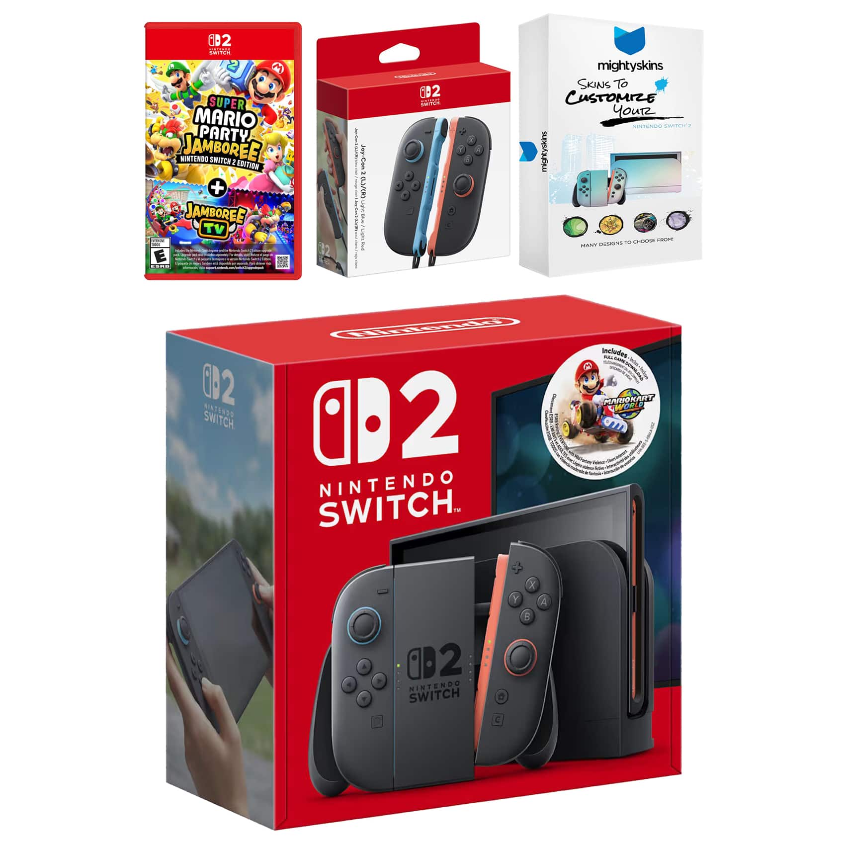 Switch 2 + Mario Kart World Bundle with Super Mario Party Jamboree, Extra Joy-Cons and MightySkins Code Bundle - Nintendo Switch 2