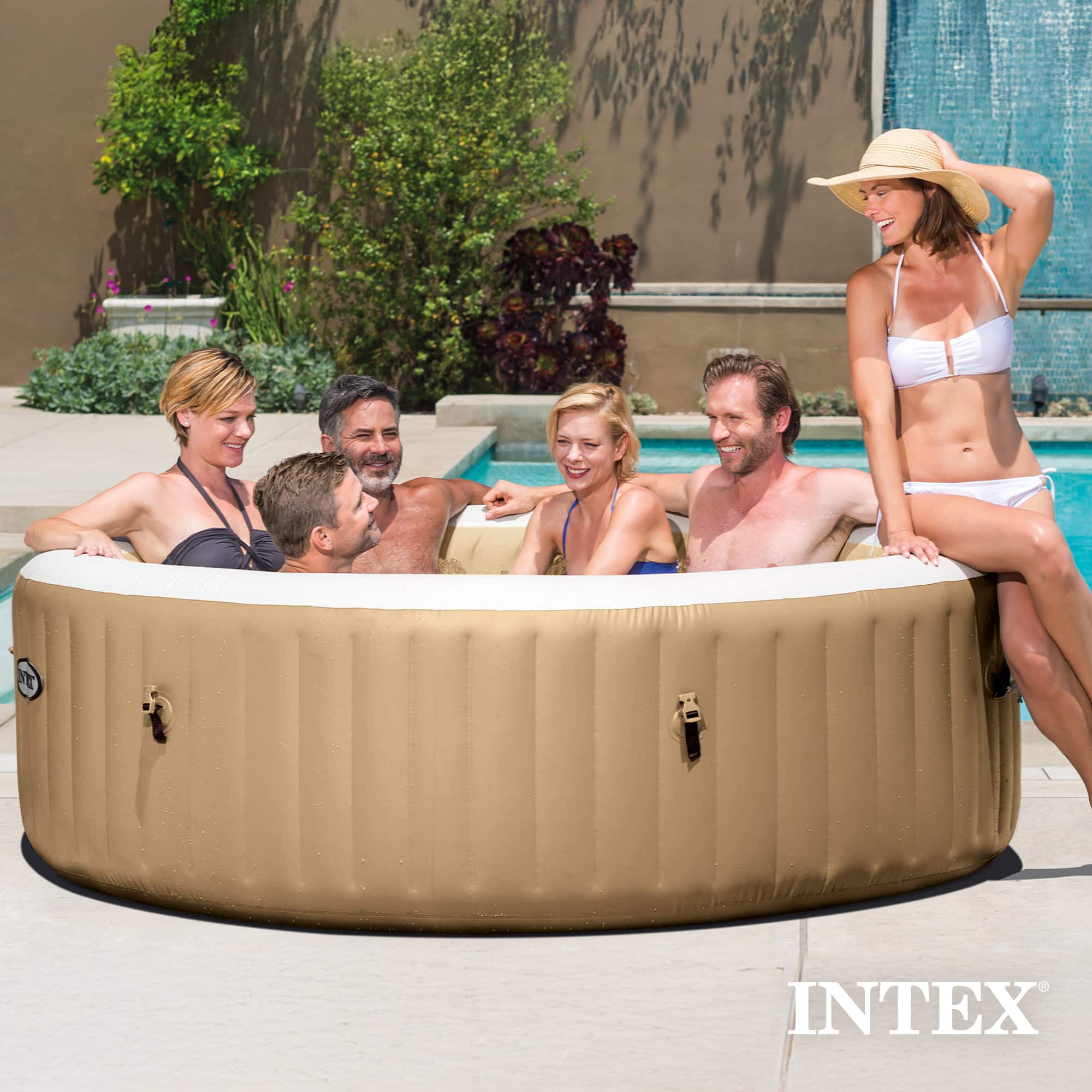 Intex - PureSpa 6 Person Bubble Massage Inflatable Hot Tub Spa Set, Sahara Tan - Brown/White - Image 4