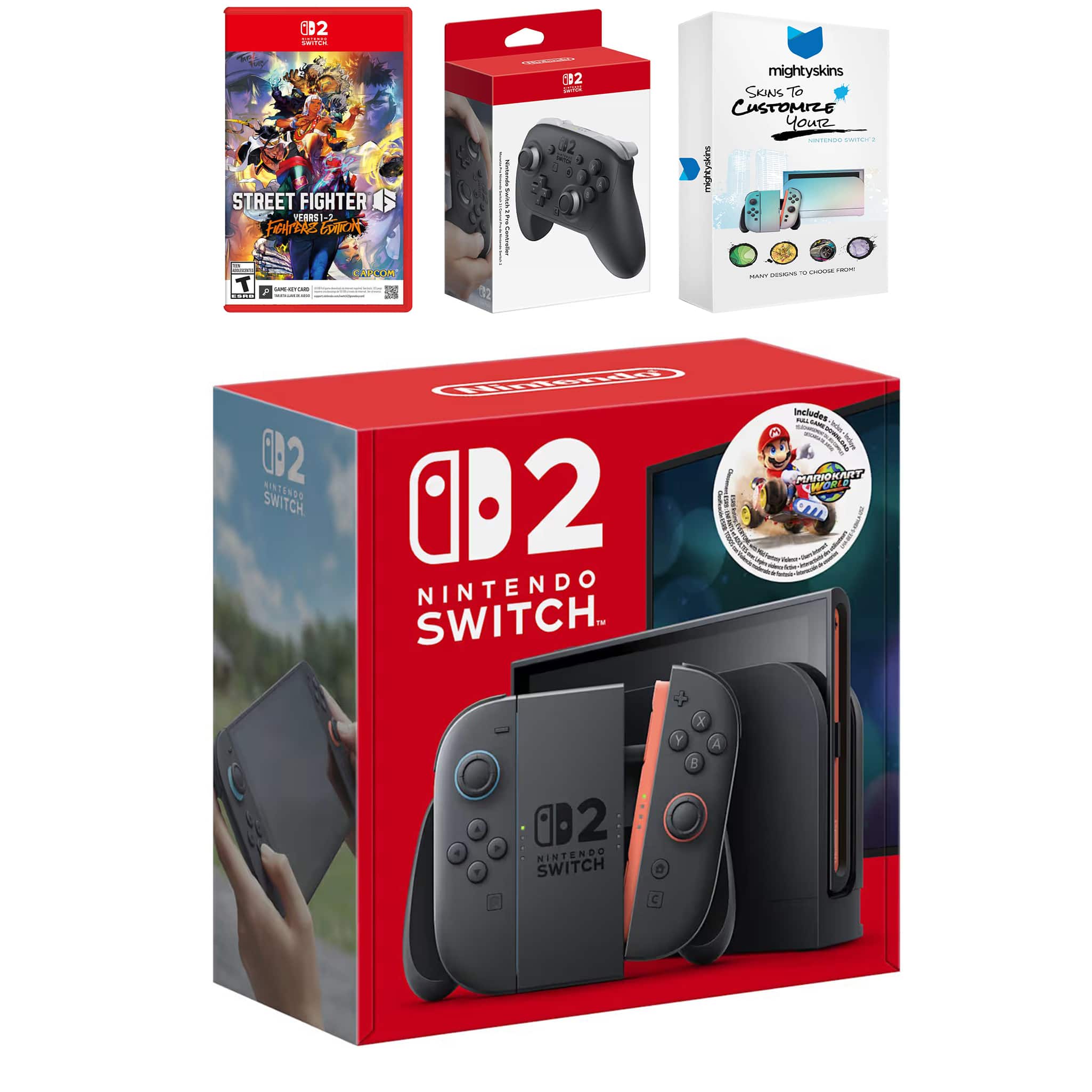 Switch 2 + Mario Kart World Bundle with Street Fighter 6, Pro Controller and MightySkins Code Bundle - Nintendo Switch 2