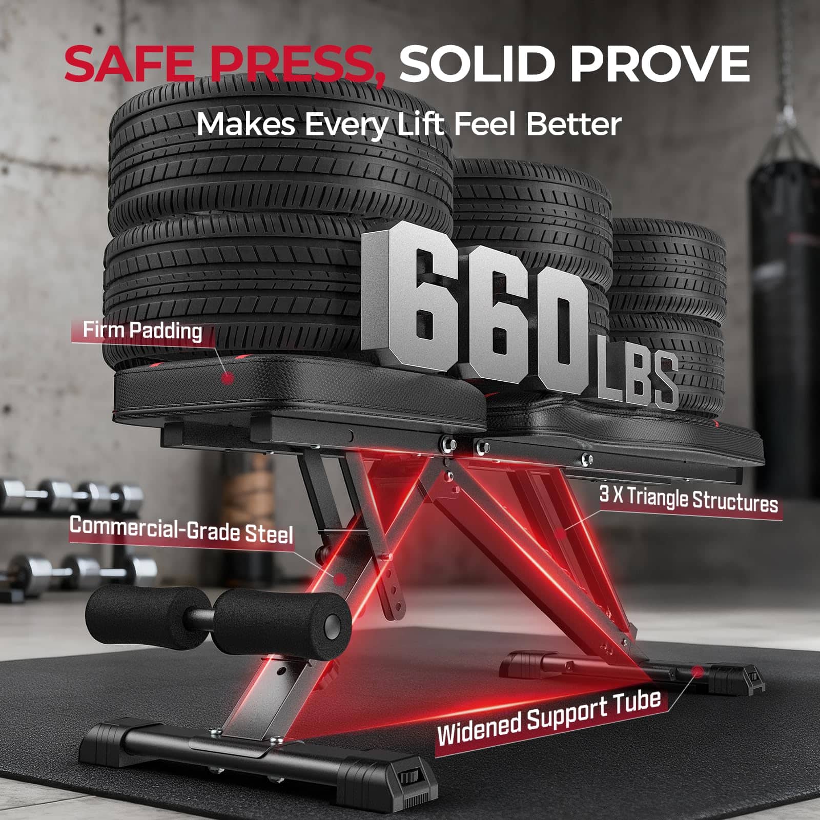 FED Fitness - 660 LBS Adjustable Bench for home gym,8 backrest, 4 seat, and 3 leg positions - Black-red - Image 2