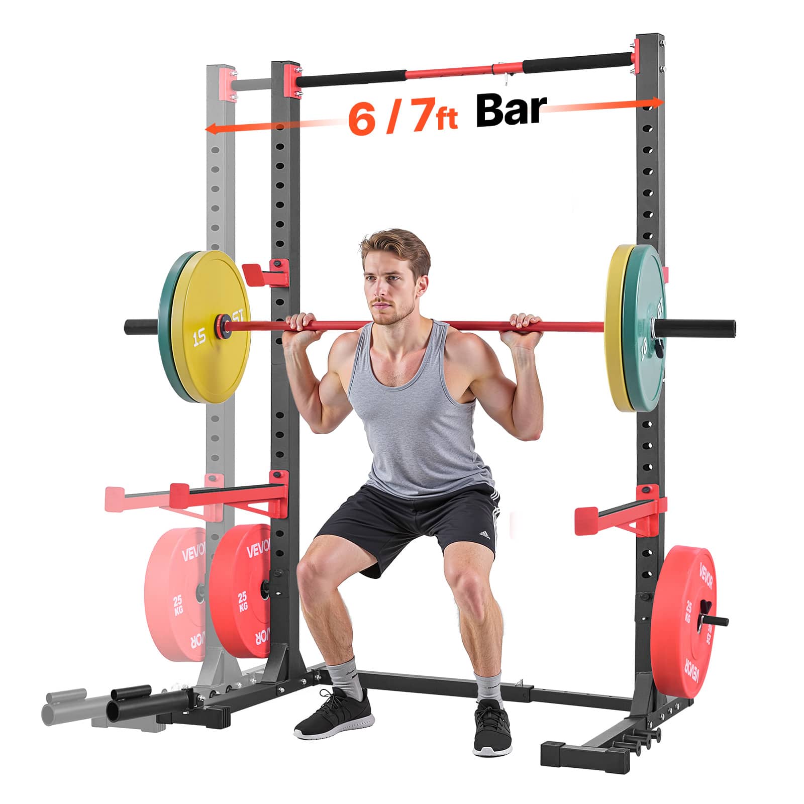 VEVOR - Power Cage Rack, Multifunctional Squat Rack for Home Gym, Width-Adjustable Workout Strength Training Equipment - Black