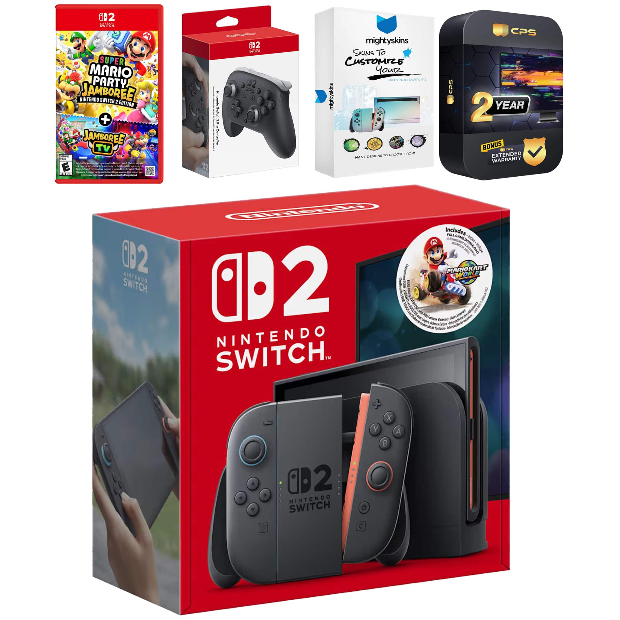 Switch 2 + Mario Kart World Bundle with Super Mario Party Jamboree, Pro Controller, MightySkins Code and 2 CPS - Nintendo Switch 2