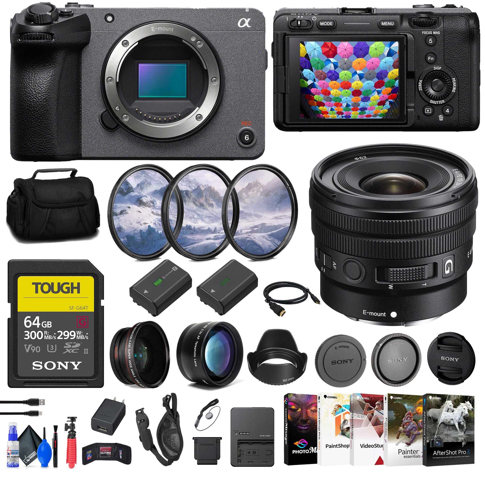 FX30 Digital Cinema Camera + Sony E 10-20mm G Lens + 64GB SF-G Cards + More